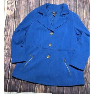 Alfani Women's Jacket Gold Button Zipper Pockets Blue Coat 100 % Cotton Sz 14W